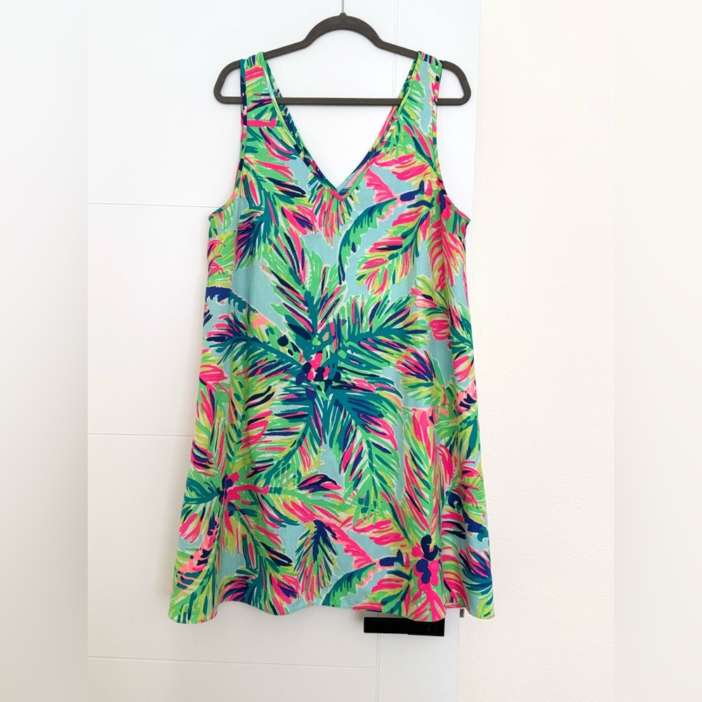 LILLY PULITZER Anna Maria Green & Pink Floral Palms V-Neck Short Sun Dress XL